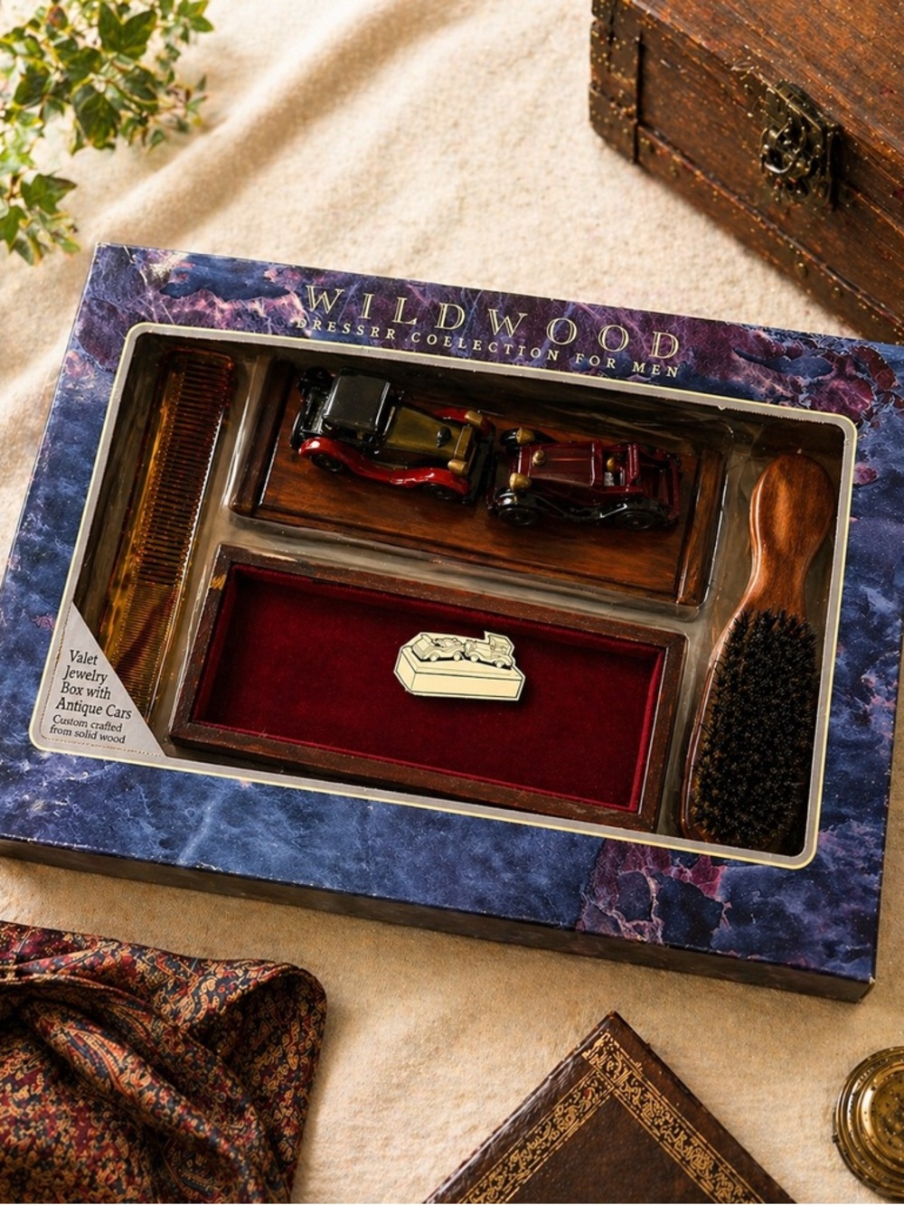 Wildwood Men’s Valet Set Antique Car Jewelry Box Brush Comb Gift Set NIB